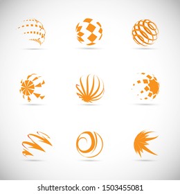 Globe Logo Set - Isolated On Gray Background - Vector Illustration. Abstract Globe Vector For Web Icon, Tech Logo And Element Design. 3D Orange Icons For Earth, Global, Globe, Planet And World Logo