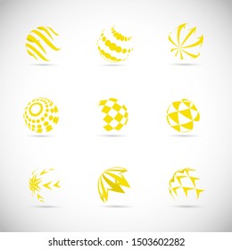 Globe Logo Set - Isolated On Gray Background - Vector Illustration. Abstract Globe Vector For Web Icon, Tech Logo And Element Design. 3D Yellow Icons For Earth, Global, Globe, Planet And World Logo