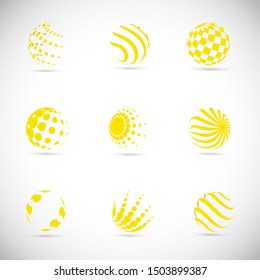 Globe Logo Set - Isolated On Gray Background - Vector Illustration. Abstract Globe Vector For Web Icon, Tech Logo And Element Design. 3D Yellow Icons For Earth, Global, Globe, Planet And World Logo