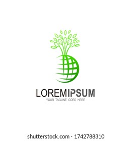 Combinación de logotipo y diseño de árbol de globo, símbolo o icono de planeta y eco, plantilla de diseño de logotipo único global y natural, logotipo orgánico