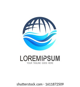 Globe logo with wave design illustration, sea icon, 