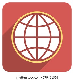 Globe long shadow vector icon. Style is a light flat symbol on a red rounded square button.
