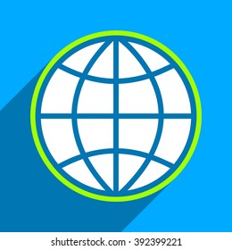 Globe long shadow vector icon. Style is a flat globe iconic symbol on a blue square background.