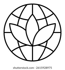 Globe with lotus leaves thin line icon, peace concept. Vector graphics. Flora of planet, world sign on white background, linear style for mobile or design