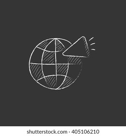 Globe with loudspeaker. Drawn in chalk icon.