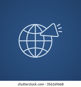 Globe with loudspeaker line icon for web, mobile and infographics. Vector light blue icon isolated on blue background.