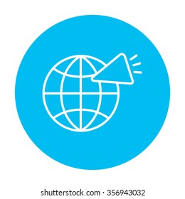 Globe with loudspeaker line icon for web, mobile and infographics. Vector white icon on the light blue circle isolated on white background.