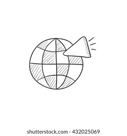 Globo com altifalante vetor ícone de esboço isolado no fundo. Globo desenhado à mão com ícone de alto-falante. Globo com ícone de esboço de alto-falante para infográfico, site ou aplicativo.