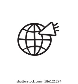 Globo con un icono de esbozo vectorial de altavoz aislado en el fondo. Dibujo manual de Globe con un icono de altavoz. Globo con un icono de sketch de altavoces para infografía, sitio web o aplicación.