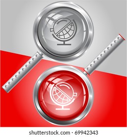 Globe and loupe. Vector magnifying glass.