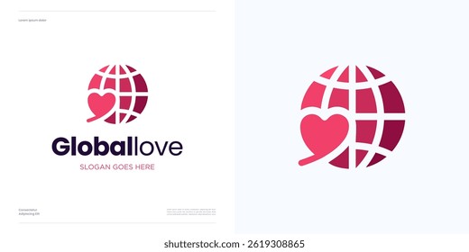 Globo com amor, mundo logotipo design vetor ilustração elemento editável, Símbolo abstrato global coração sinal para a identidade da marca e negócios