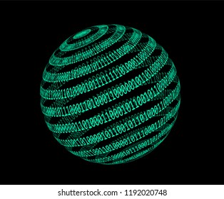 Globe made from binary code on dark bakcground. Logotype template for hackathon in futuristic/ cyberpunk style.