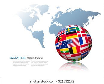 Globe made out of flags on a world map background. Vector.