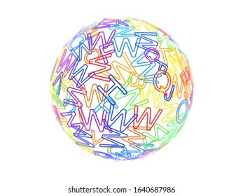 Globe made of random colored letters of English alphabet on white background. Abstract visualization of digital education and communication. Concept of online English Learning. Vector illustration.