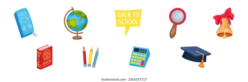 Globe, Magnifier, Bell, Book, Pencil, Calculator and Graduation Hat as Back to School Symbol and Stationery Object Vector Set