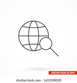Globe magnifier black vector icon line linear style on the background. Best icon 10 eps illustration