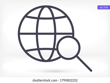 Globe Lupe schwarz Vektorsymbol Linie linearen Stil auf dem Hintergrund. Bestes Icon 10 eps Illustration