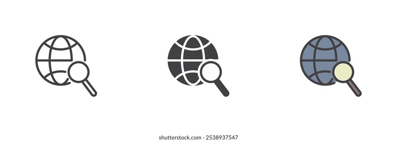 Globe and magnifier different style icon set. Line, glyph and filled outline colorful version, outline and filled vector sign. web search symbol, logo illustration. Vector graphics