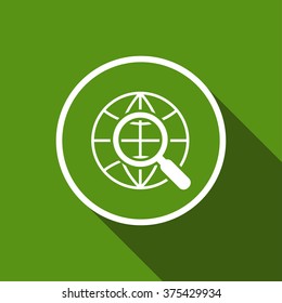 globe and magnifier flat icon with long shadow. vector illustration