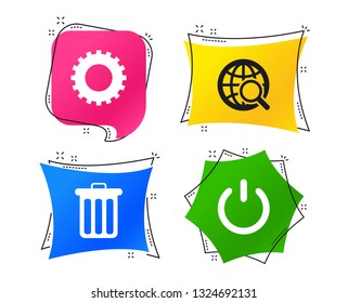 Globe magnifier glass and cogwheel gear icons. Recycle bin delete and power sign symbols. Geometric colorful tags. Banners with flat icons. Trendy design. Vector
