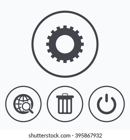 Globe magnifier glass and cogwheel gear icons. Recycle bin delete and power sign symbols. Icons in circles.