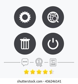 Globe magnifier glass and cogwheel gear icons. Recycle bin delete and power sign symbols. Chat, award medal and report linear icons. Star vote ranking. Vector