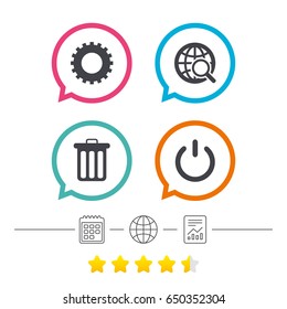 Globe magnifier glass and cogwheel gear icons. Recycle bin delete and power sign symbols. Calendar, internet globe and report linear icons. Star vote ranking. Vector