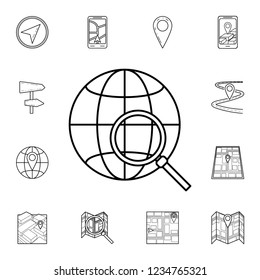 globe and magnifier icon. Detailed set of navigation icons. Premium graphic design. One of the collection icons for websites, web design, mobile app