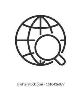 globe and magnifier, linear icon. Editable stroke