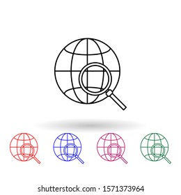 Globe und Lupe mehrfarbiges Symbol. Einfache dünne Linie, Vektorillustration der Navigationssymbole für i und ux, Website oder mobile Anwendungen