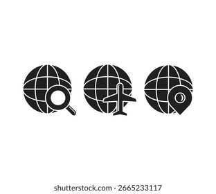 globe with magnifier, plane and map pin icons set