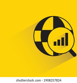 globe and magnifier scan bar chart with drop shadow on yellow background