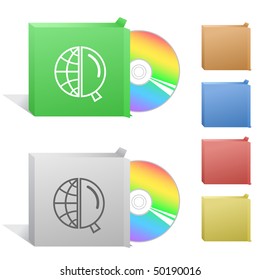 Globe and magnifying glass. Box with compact disc.