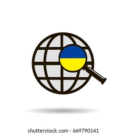 Globe, magnifying glass, flag of Ukraine.