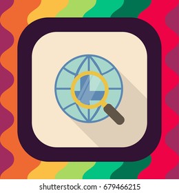 globe and magnifying glass flat icon with long shadow, vector illustration