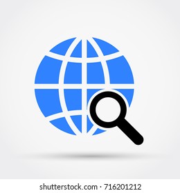 Globe and magnifying glass, global searching concept. Vector illustration.