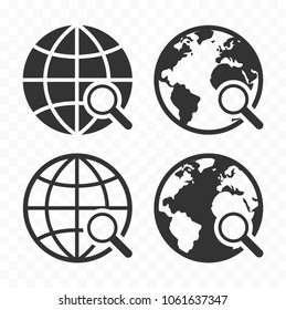 Globe with magnifying glass icon set. Planet earth and magnifier. Search concept icons.