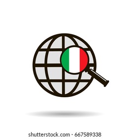 Globe, magnifying glass, italian flag,