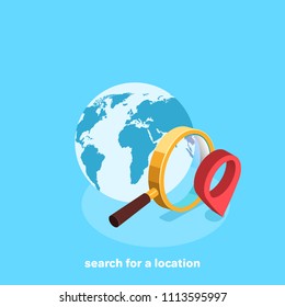Globe and magnifying glass on a blue background, isometric image