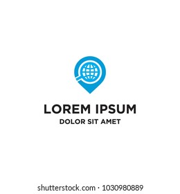 globe, magnifying glass and pin logo icon vector