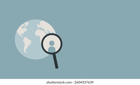 Globe with a magnifying glass and user icon, symbolizing global search, recruitment, or social networking