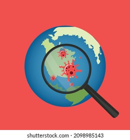globe and magnifying glass vector graphics on red background
