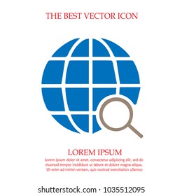 Globe with magnifying glass vector icon.