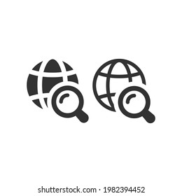 Globe with magnifying glass vector icon. Website, web search black symbol.