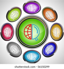 Globe and magnifying glass. Vector internet buttons. 8 different projections.