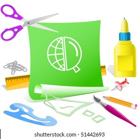 Globe y lupa. Plantilla de papel vector.