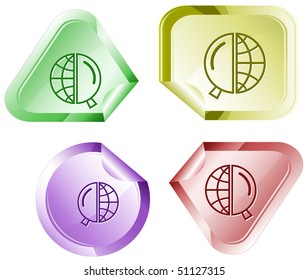 Globe y lupa. Etiqueta del vector.