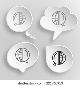 Globe and magnifying glass. White flat vector buttons on gray background.