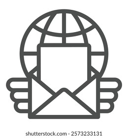 Globe with mail letter line icon, postage delivery concept. Vector graphics. Mail envelope angel wings, planet sign on white background, outline style icon for mobile or web design