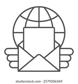 Globe with mail letter thin line icon, postage delivery concept. Vector graphics. Mail envelope angel wings, planet sign on white background, outline style icon for mobile or web design